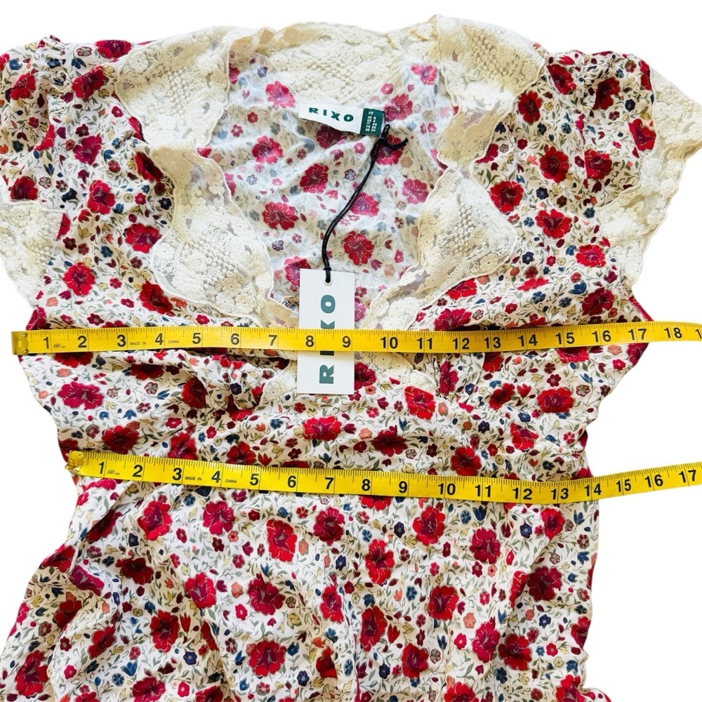 RIXO lace trimmed Floral Red and Cream miniDress NEW - Picture 11 of 15